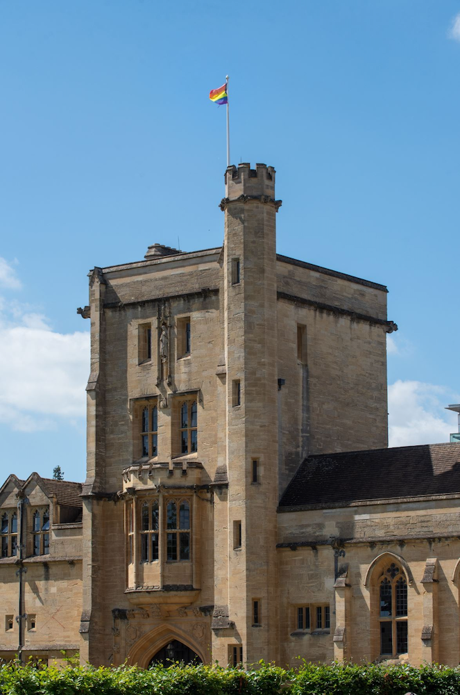 Mansfield College tower with Pride flag