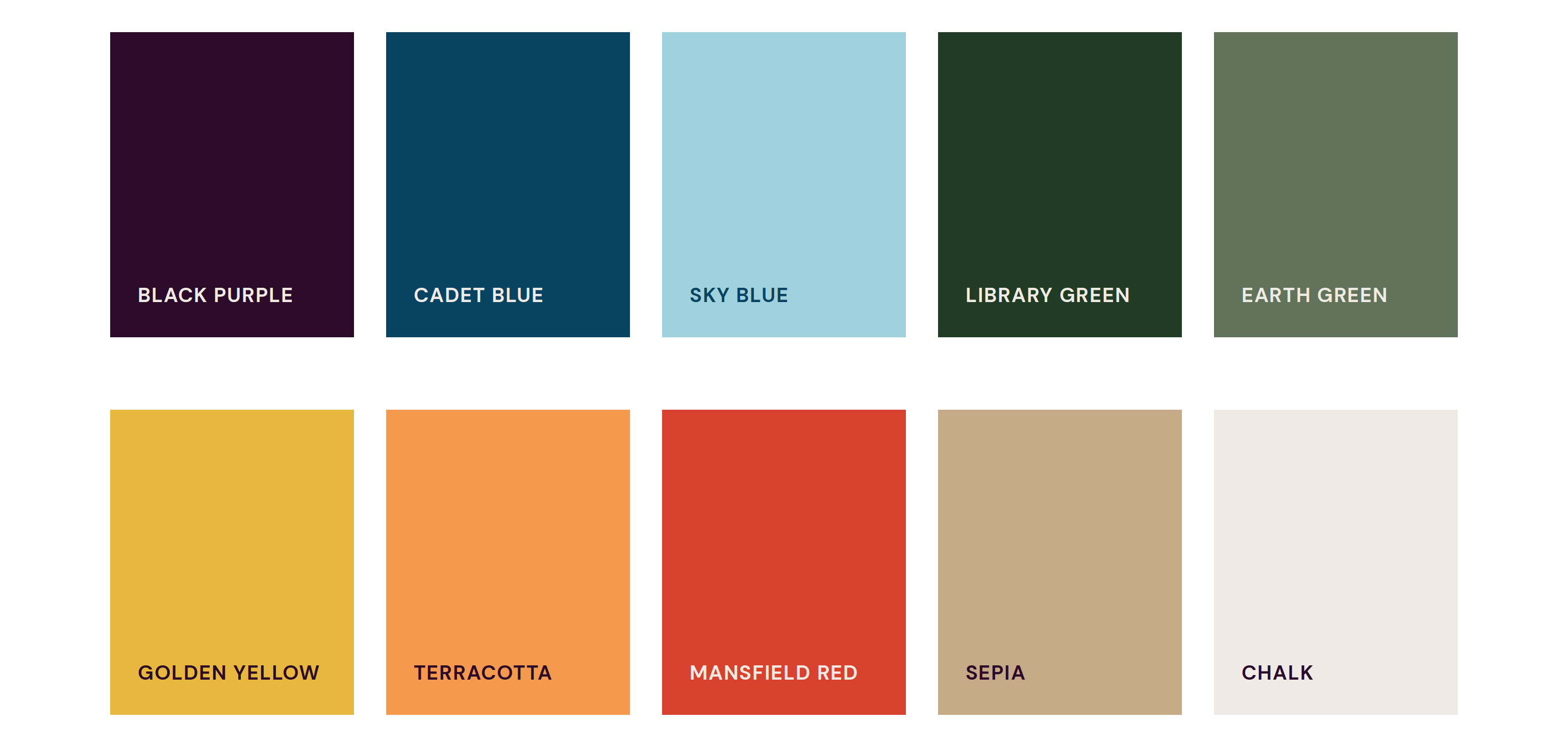colour palette showing ten brand colours for Mansfield College, Oxford. Colours are named black purple, cadet blue, sky blue, library green, earth green, golden yellow, terracotta, mansfield red, sepia and chalk.