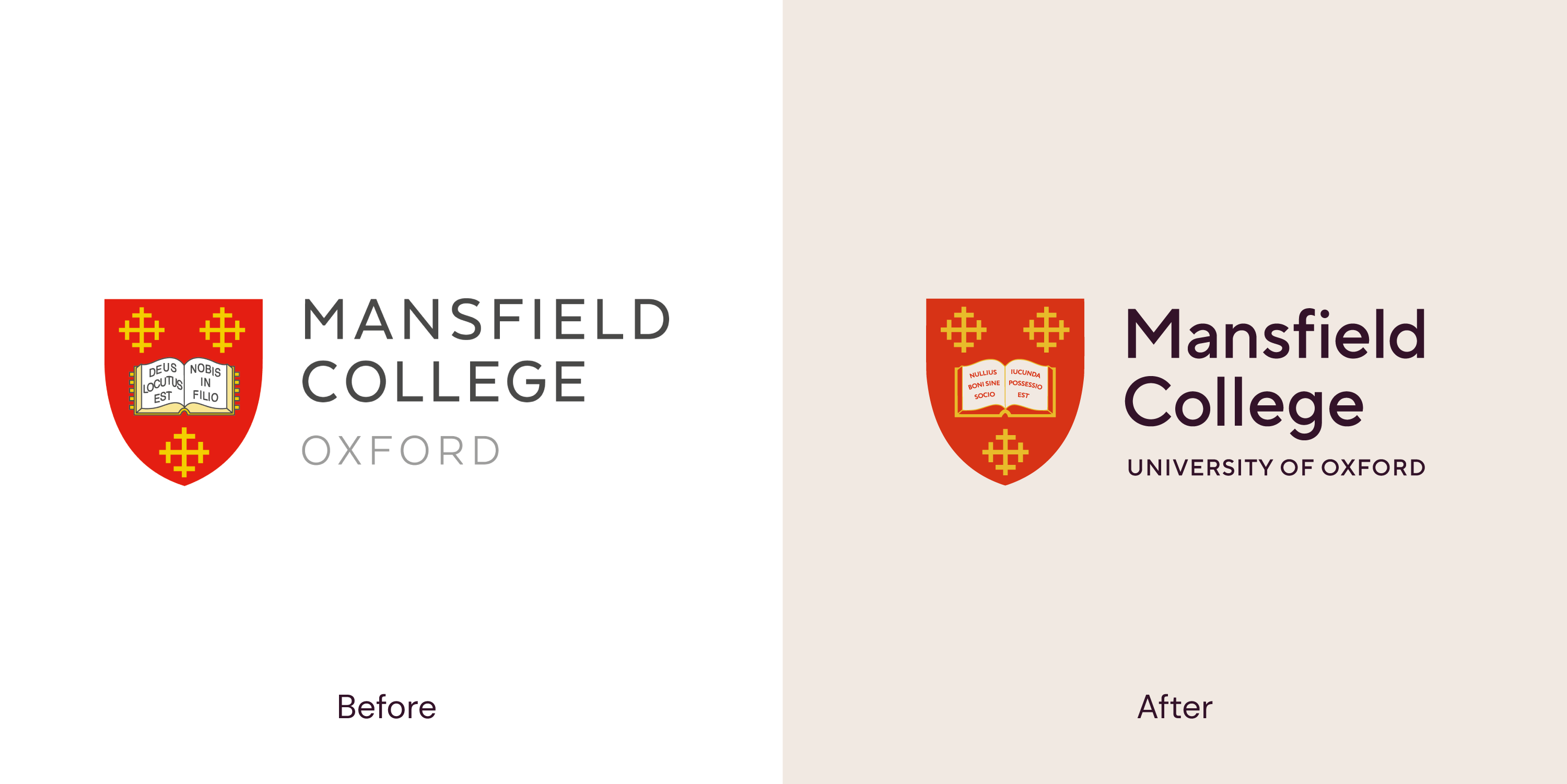 Mansfield College, Oxford, logo and crest before and after brand refresh