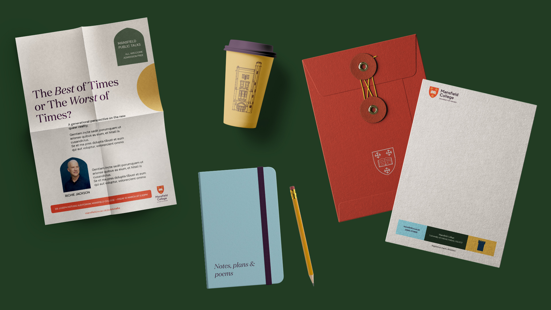 Brand identity design for Mansfield College, Oxford, showing notebook, headed paper, envelope and cup